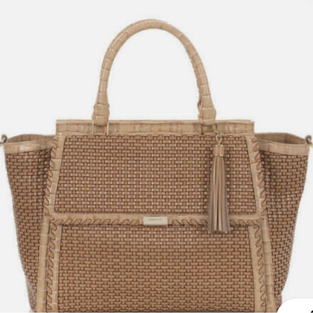 Brahmin Tan Woven Tote Bag with Basketweave Texture
